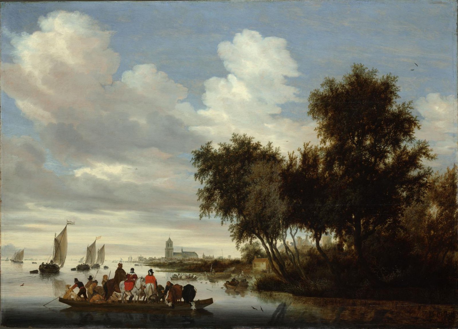 Salomon van Ruysdael, River Landscape with Ferry (1649) — 강 풍경 유화